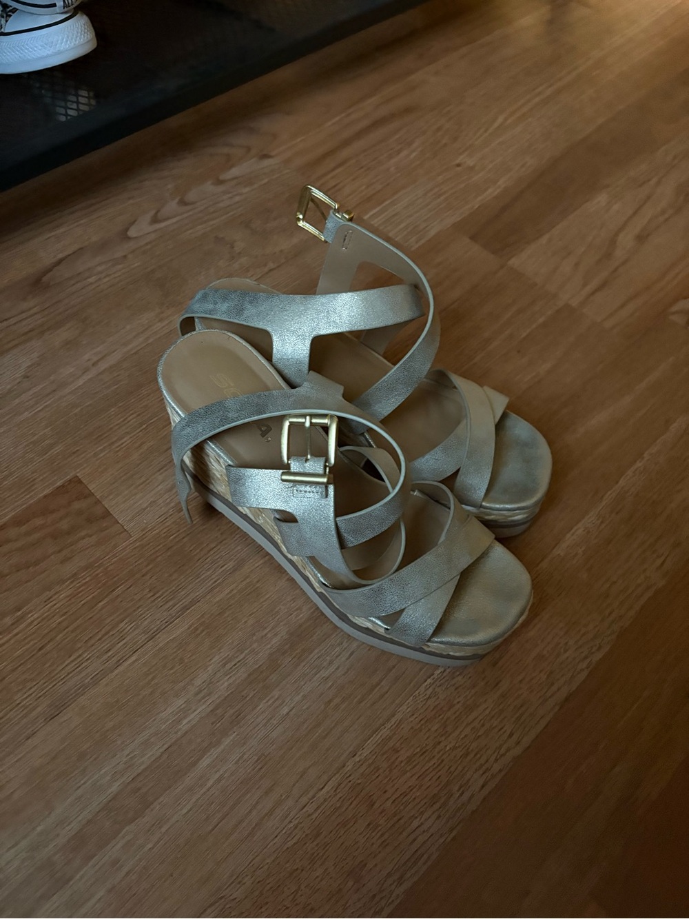 Soda Metallic Gold Crisscross Wedge Sandals